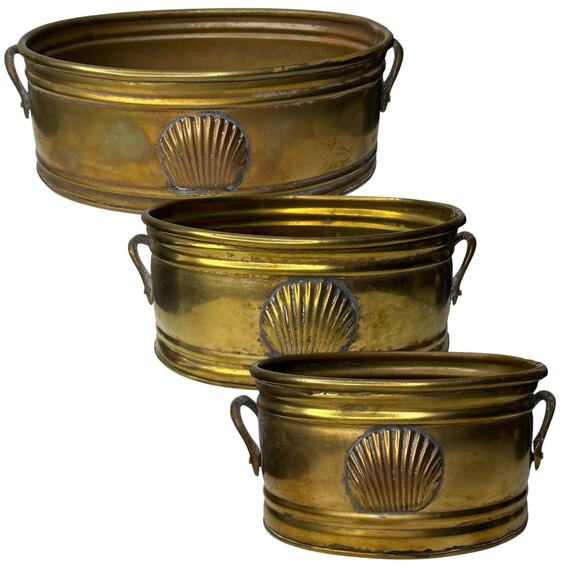 Vintage Midcentury Brass Planters Set of 3 Seashell Handle 5.5" 7" 8" - Picture 1 of 15